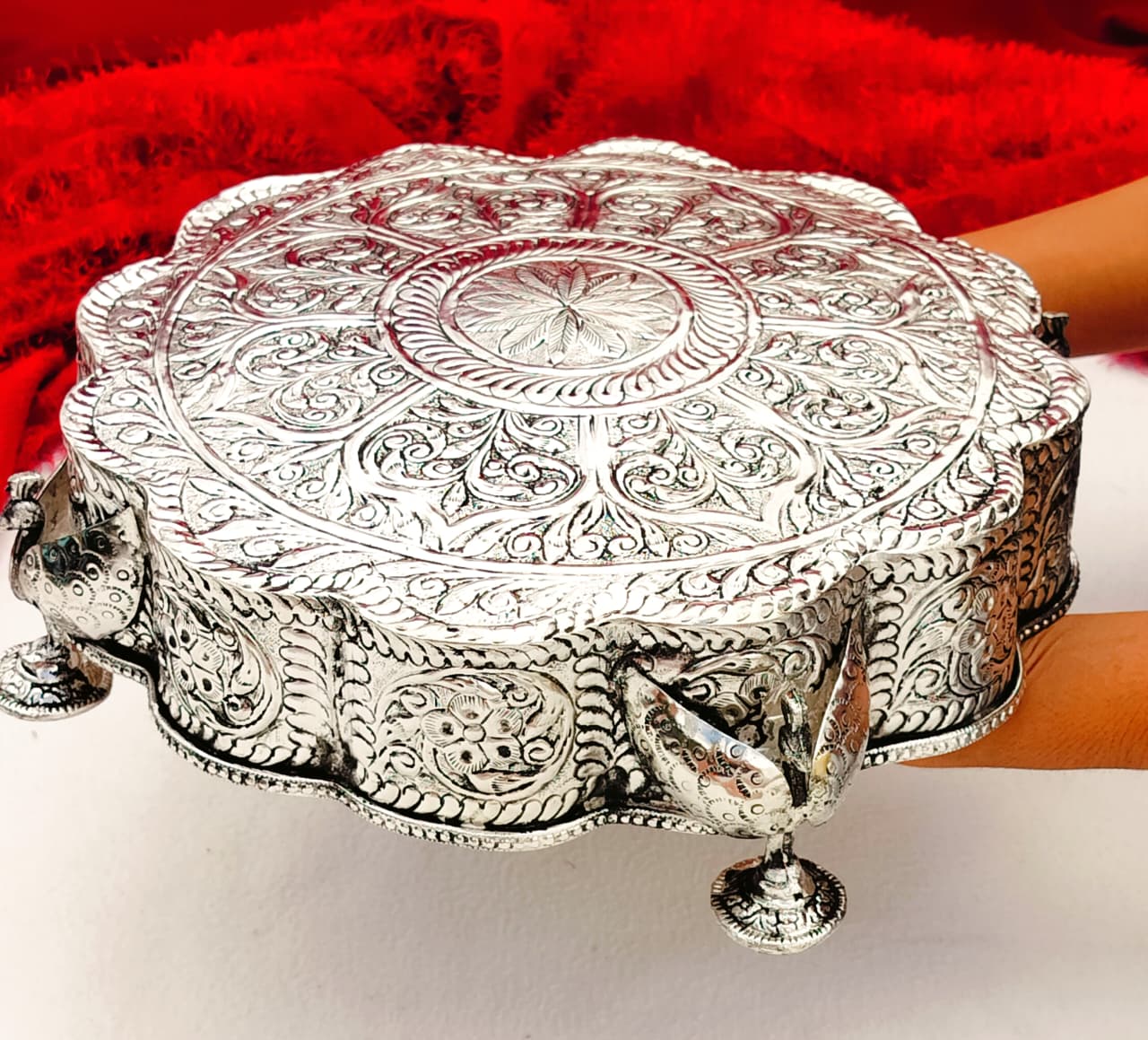 Antique finish German silver Round flower chowki/ stool/ singhasan